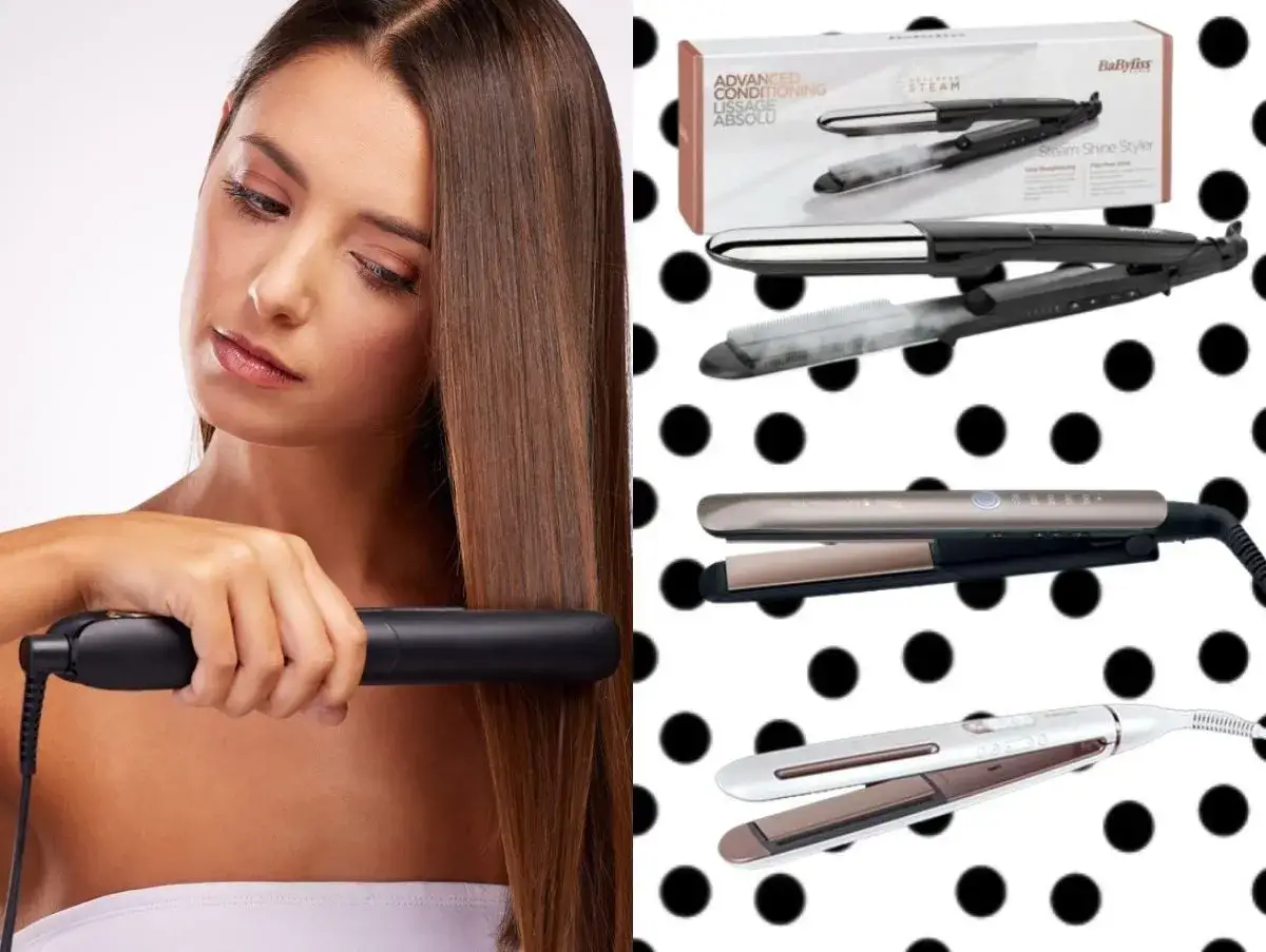 Kobieta prostuje włosy, obok trzy modele prostownic, w tym parowa BaByliss – najlepsza prostownica dla Twoich włosów.
