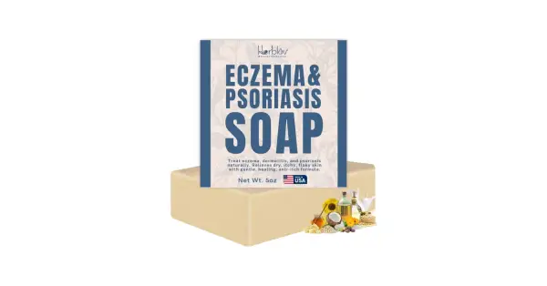 Mydło "Eczema & Psoriasis Soap" od Herblov, które pomaga w leczeniu egzemy i łuszczycy. Naturalne składniki dla ulgi.