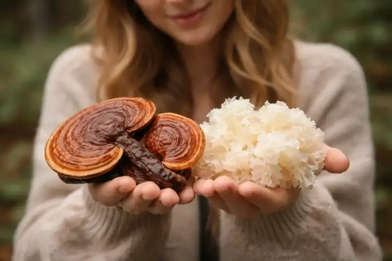 Dłonie trzymające grzyby reishi i białe grzyby. Te naturalne skarby wspierają antyoksydację i zdrowie.