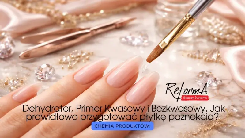Dłonie z idealnym manicure, pędzelek z produktem. Dowiedz się, kiedy wybrać primer kwasowy czy bezkwasowy do paznokci.