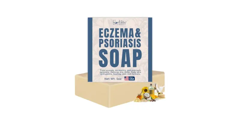 Mydło "Eczema & Psoriasis Soap" od Herblov, które pomaga w leczeniu egzemy i łuszczycy. Naturalne składniki dla ulgi.