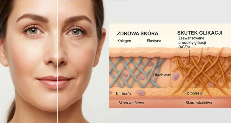 Porównanie zdrowej skóry z efektem glikacji: kolagen i elastyna w zdrowej skórze są sprężyste, w skórze z glikacją włókna są uszkodzone.